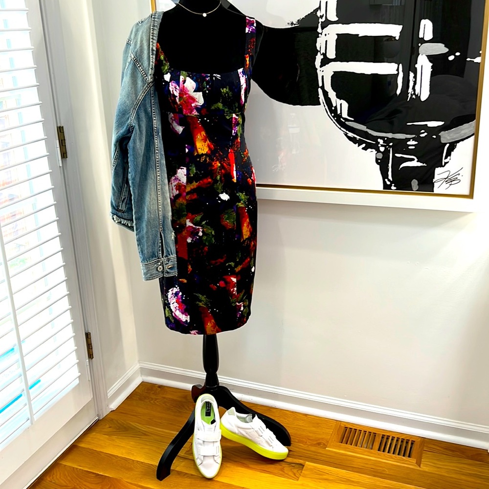 David Meister Silk Black Floral Cocktail Dress, Size 4